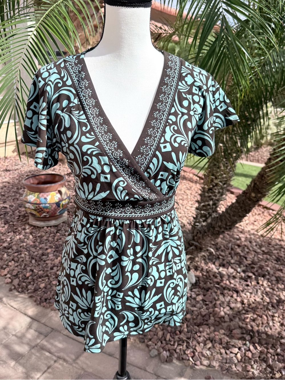 APT.9 Brown & Aqua Floral Wrap-Style Top - Size M - EUC